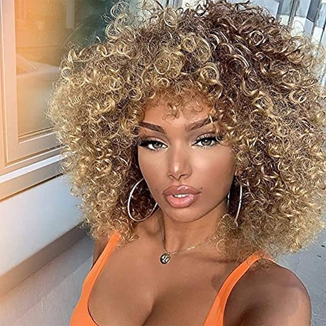Honey Blonde Curly Wig with Bangs for Black Women Bouncy Kinky Curly Wig  Natural Short Wig (14inch, Honey Blonde) 8733306 2023 – $27.99