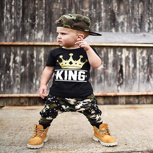  Kids Girls' T-shirt & Pants Clothing Set 2 Pieces Short Sleeve Black(Boy) Letter Print Cotton Home Casual / Daily Basic Cute Regular 2-6 Years