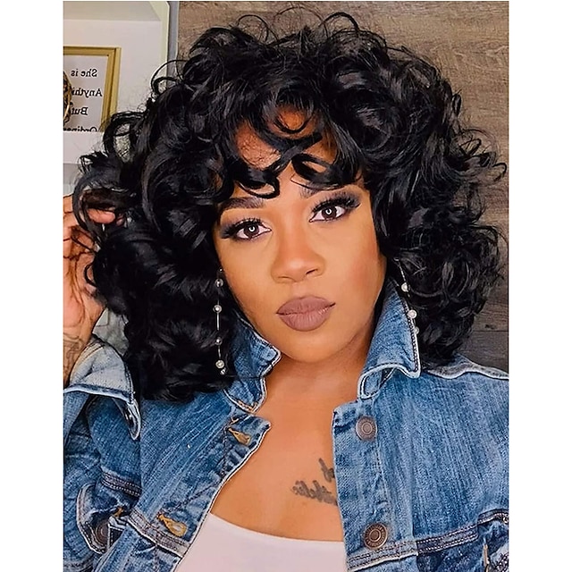  Black Wigs for Women Black Ladies Short Curly African Wig 14 Inches Curly Wavy Black Wig with Bangs Cute and Fashionable Natural Appearance Synthetic Hair Replacement Wig Heat-Resistant