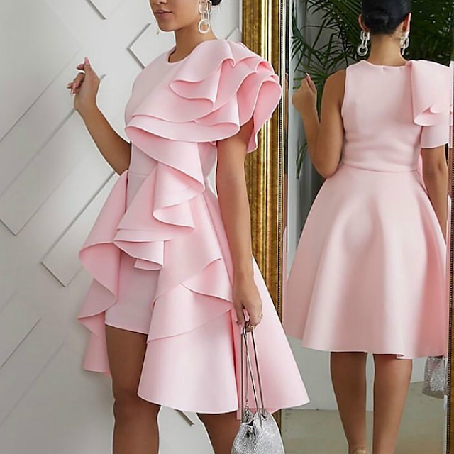  Robes de Bal Ligne A Robe Mignonne Invité de Mariage Cocktail Fête Longueur Genou Sans Manches Col Bijou Tissu Extensible avec Volants Couleur Unie