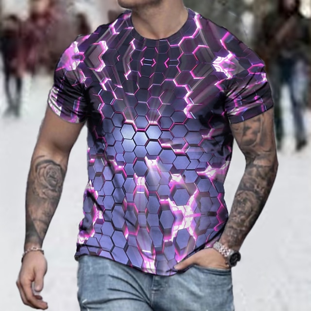 Mens 3D Geometric Print T-Shirt Casual Short Sleeve Round Neck Casual Tee Tops