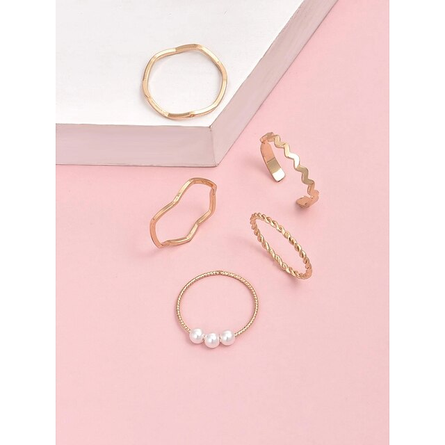 Shoes & Bags Fashion Accessories | 5pcs Ring Set Classic Gold Imitation Pearl Alloy Wave Vintage European Trendy 1 set One Size 