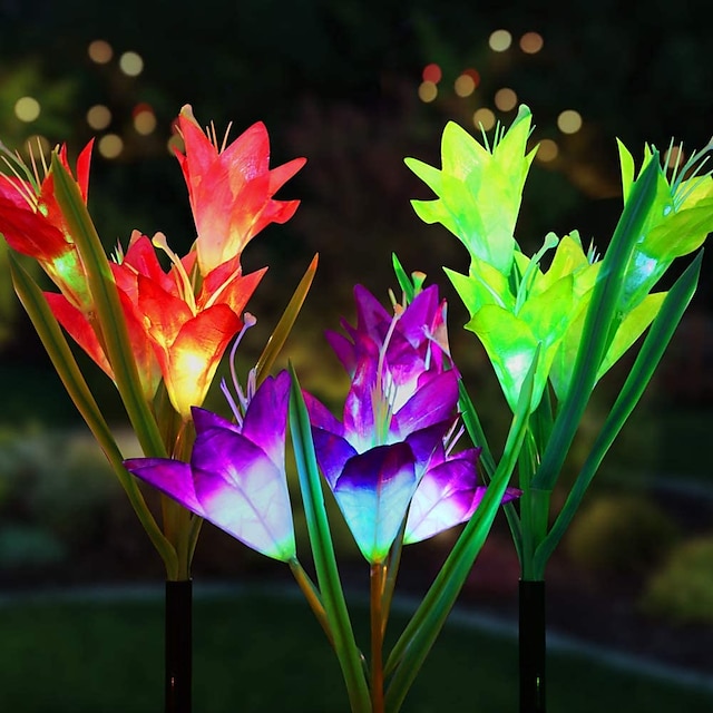  3 Packs Solar Flower Lights Outdoor Solar Garden Stake Lights Outdoor with 12 Lily Flowers Multi-Color Changing LED Solar Decorative Lights for GardenPatio Lawn PathBackyard