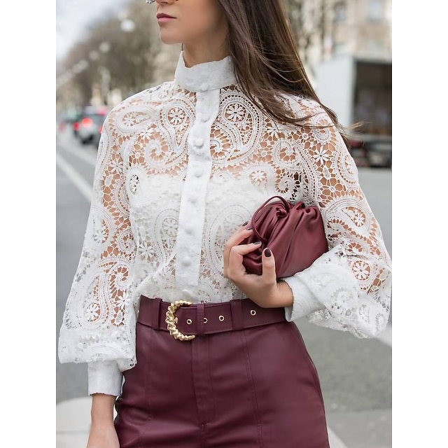 Women's Blouse Shirt Eyelet top Black Apricot White Lace up Plain Party Club Long Sleeve Standing Collar Basic Regular S