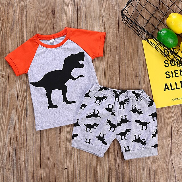 Baby & Kids Boys Clothing | Kids Boys T-shirt & Shorts Shorts Set Clothing Set 2 Pieces Short Sleeve Gray Dinosaur Animal Print 