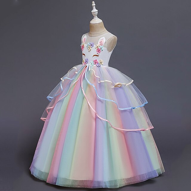 Kids Little Girls' Dress Unicorn Rainbow Costume Party Princess Flower ...