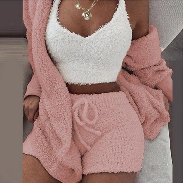  Women's Hooded Pajama Sets 3 Pieces Fluffy Fleece Long Sleeves Coat Shorts Vest for Winter Gift for Valentine's Day