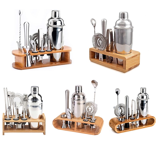  Insulated Cocktail Shaker Bartender Kit Cocktail Shaker Mixer Stainless Steel 350ml Bar Tool Set with Stylish Bamboo Stand Perfect Home Bartending Kit and Martini Cocktail Shaker Set