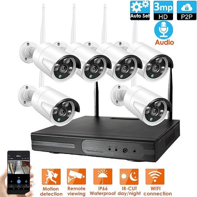  8CH Wireless NVR Kit CCTV Security System 8Pcs 1080P High Quality CCTV Wifi IP Camera IP66 Waterproof 1.3MP PAL NTSC Mobile Monitoring E-mail Alarm for Office Home