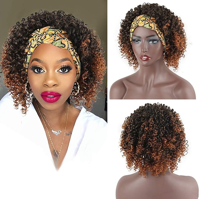 Beauty & Hair Wigs & Hair Pieces | Kinky Curly Wig Natural Headband Wigs for Black Women Short Black Wig with Head Wrap Wigs 2 i