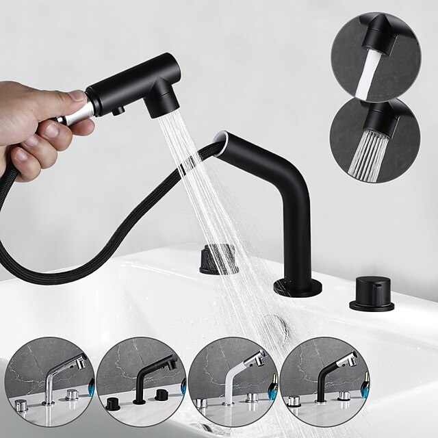  Widespread Bathroom Sink Mixer Faucet Pull Out 2 Mode Spout Sprayer, 360° Rotatable Washroom Basin Tap Brass Deck Mounted, with Hot and Cold Water Vessel Tap