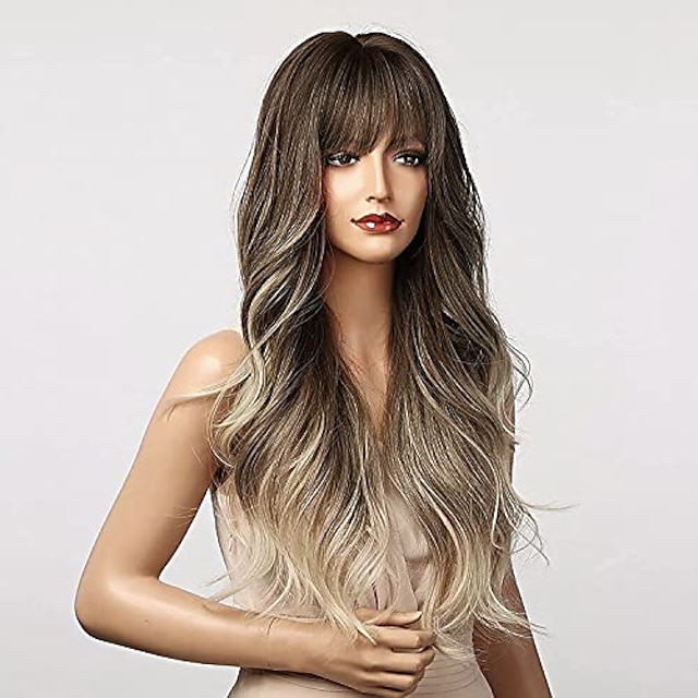 Beauty & Hair Wigs & Hair Pieces | long wavy wig ash blonde wigs with bangs ombre brown blonde wigs for women long heat resistan