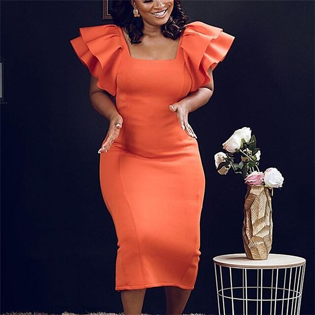 

Women's Party Dress Midi Dress Orange Sleeveless Solid Color Ruffle Fall Square Neck Elegant Party 2022 S M L XL XXL