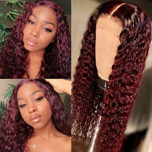 Beauty & Hair Wigs & Hair Pieces | Unprocessed Virgin Hair 13x4 Lace Front Wig 99j Middle Part Brazilian Hair Curly Burgundy Wig