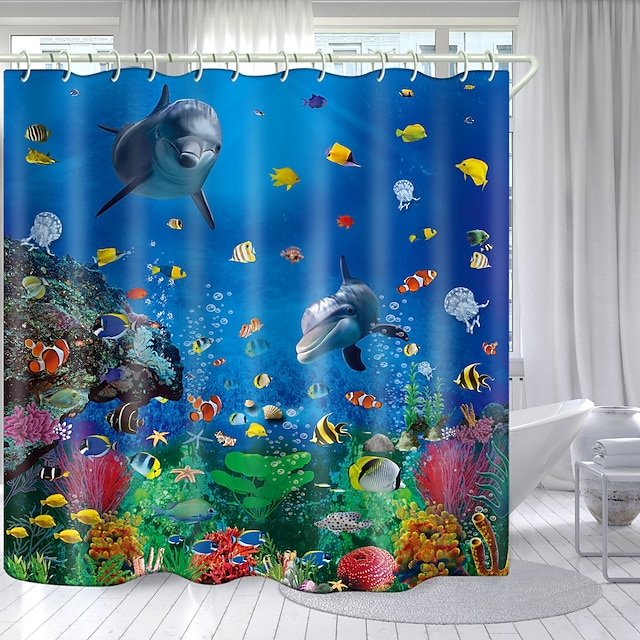  Shower Curtain with Hooks, Ocean Style Fabric Home Decoration Bathroom Waterproof Shower Curtain with Hook Luxury Modern
