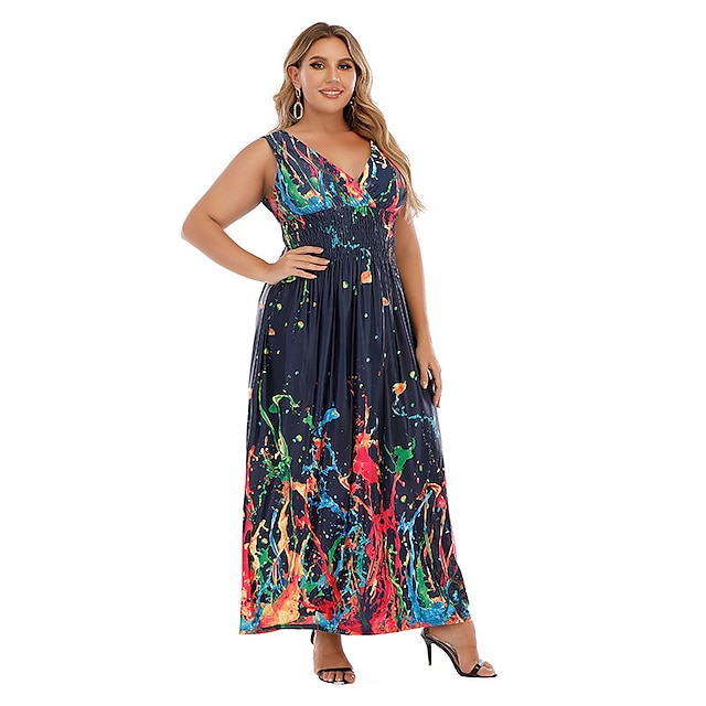 Womens Clothing Plus Size Collection | Womens Plus Size A Line Dress Print V Neck Print Sleeveless Summer Sexy Boho Midi Dress H