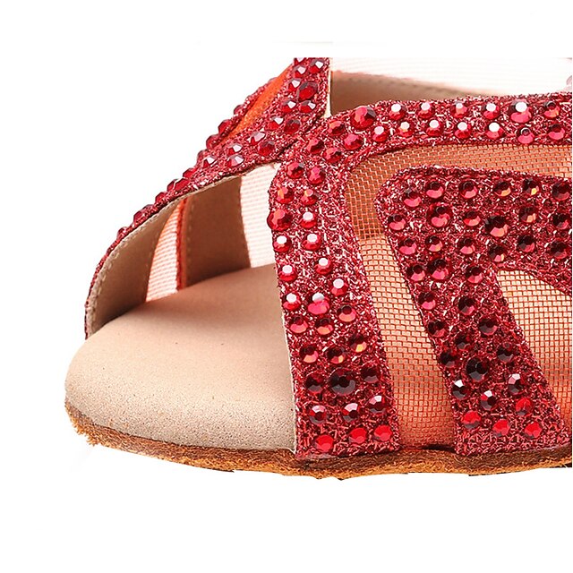 DS Women's Red Customized Heel Open Toe Strappy Latin Dance Shoes with Crystals