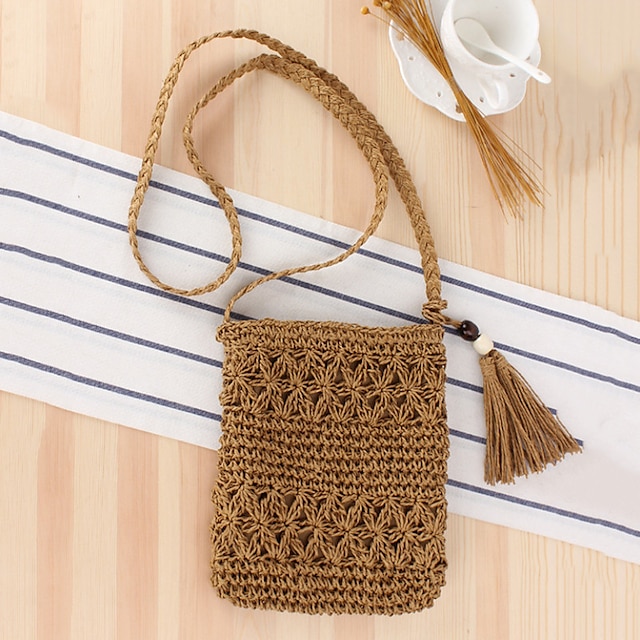 Women's Straw Bag Straw Daily Going out Tassel Zipper Solid Colored ...