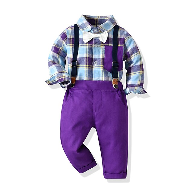 Baby & Kids Boys Clothing | Kids Boys Suit & Blazer Clothing Set 2 Pieces Long Sleeve Purple Plaid Print Cotton Street Casual / 