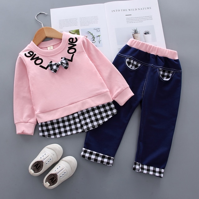  Girls' 3D Plaid Letter Clothing Set Long Sleeve Fall Basic Cotton Toddler 1-3 Years School Outdoor Indoor Regular Fit