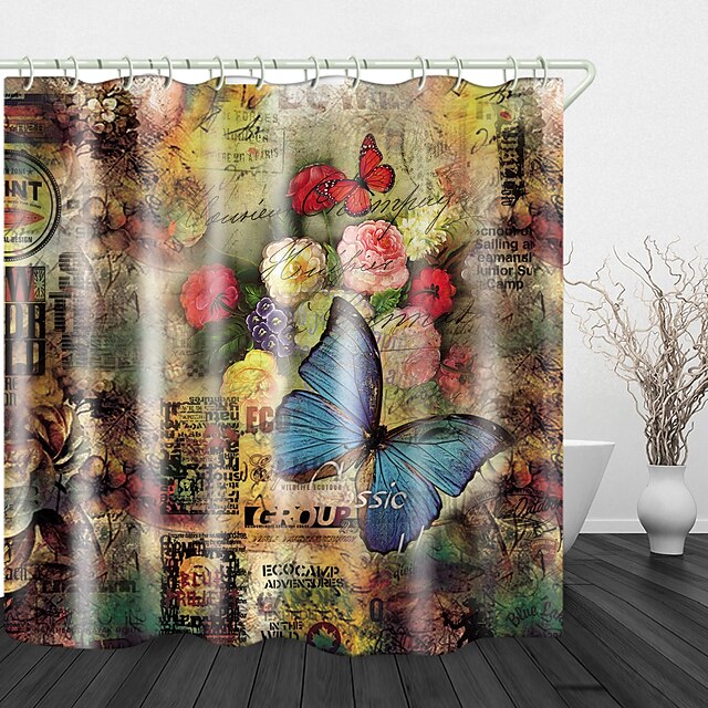  Vintage Butterfly Flowers Print Waterproof Fabric Shower Curtain for Bathroom Home Decor Covered Bathtub Curtains Liner Includes with Hooks