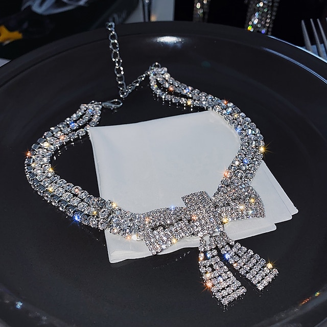  Colar gargantilha de strass colares de cristais cheios de nó de arco colar de prata brilhante corrente de joias acessórios de festa de moda para mulheres e meninas