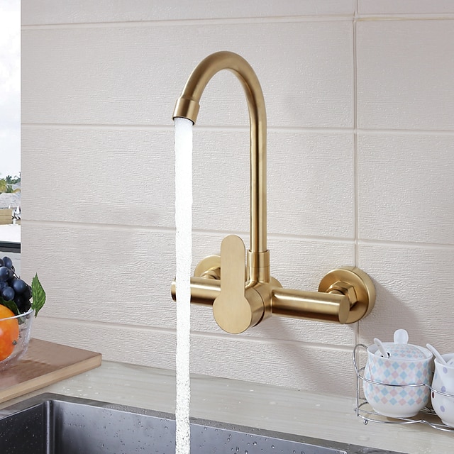  Kitchen faucet - Single Handle Two Holes Brushed Gold Tall /High Arc Wall Mounted Contemporary Kitchen Taps