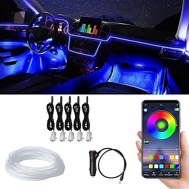  Auto-LED-Streifenlichter, Innenraum-Umgebungslichter, integriertes Auto-Atmosphären-Lampen-Set mit kabelloser Bluetooth-App, Soundsteuerung, flexible RGB-Neon-LED-Streifen