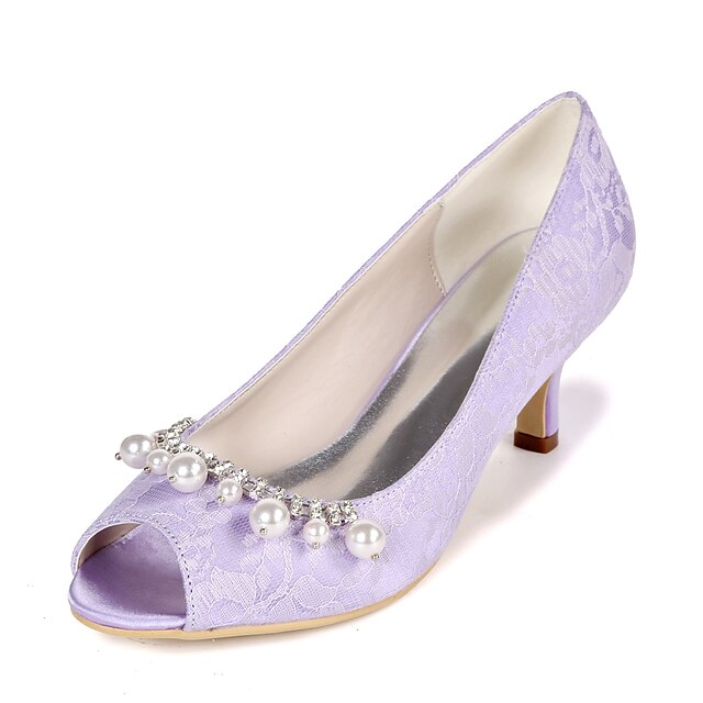  Women's Wedding Shoes Wedding Heels Bridal Shoes Pearl Tassel Kitten Heel Peep Toe Wedding Lace Loafer Floral Light Purple White Ivory