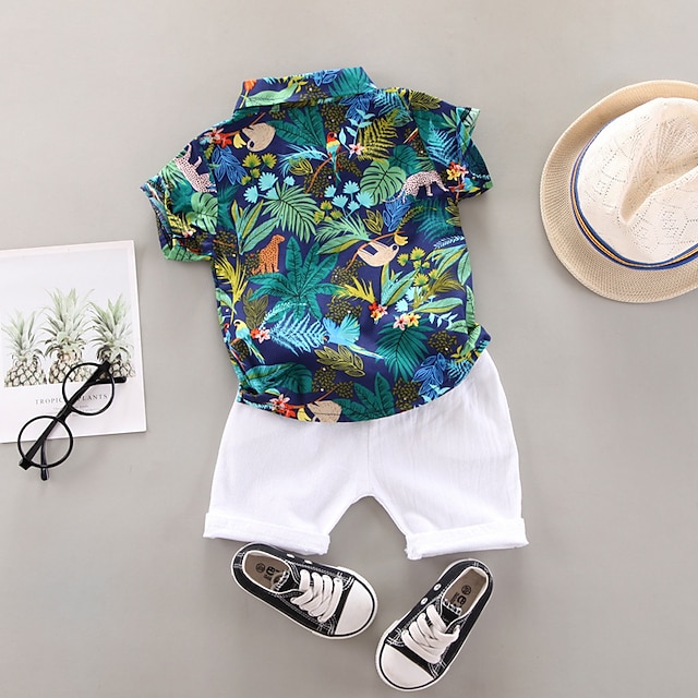  Kinder Jungen T-Shirt & Shorts 2 Stück Weiß Marineblau Blume Baumwolle Grundlegend Schick & Modern Alltag
