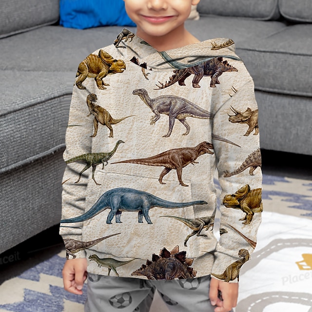  Kinder Jungen Kapuzenshirt Langarm 3D-Druck Dinosaurier Beige Kinder Oberteile Herbst Aktiv Normale Passform 4-12 Jahre