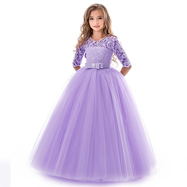  Kids Girls' Dress Solid Colored Pegeant Bow Vintage Princess Polyester Maxi Pink Princess Dress White Pink Wine