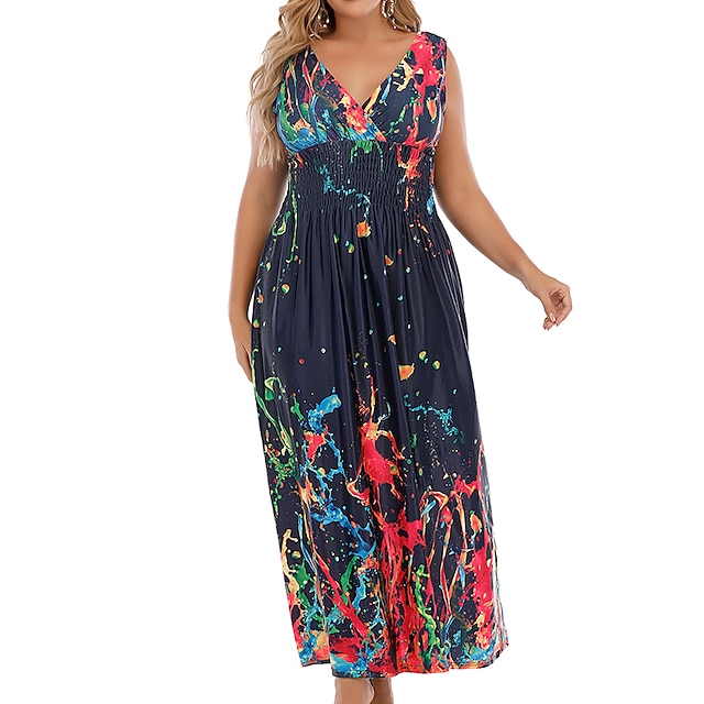 Womens Clothing Plus Size Collection | Womens Plus Size A Line Dress Print V Neck Print Sleeveless Summer Sexy Boho Midi Dress H