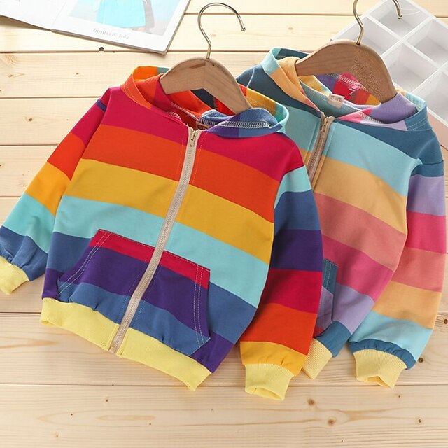 Baby & Kids Girls Clothing | Kids Girls Coat Long Sleeve Colorblock Blue Rainbow Rainbow Zipper Fall Active 3-8 Years / Basic / 