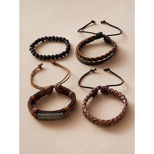 Shoes & Bags Fashion Accessories | 4PCS Leather Bracelet Set Braided Birthday Statement Elegant Fashion Holiday Leather Bracelet