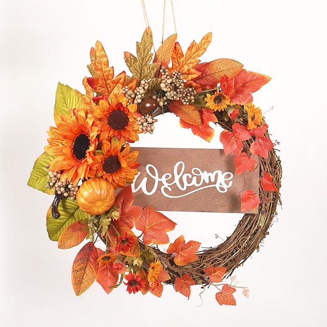 Home & Garden Home Decor | Sunflower Pumpkin Decoration Wreath Simulation Sun Flower Wooden Sign Maple Leaf Thanksgiving Vine Ci