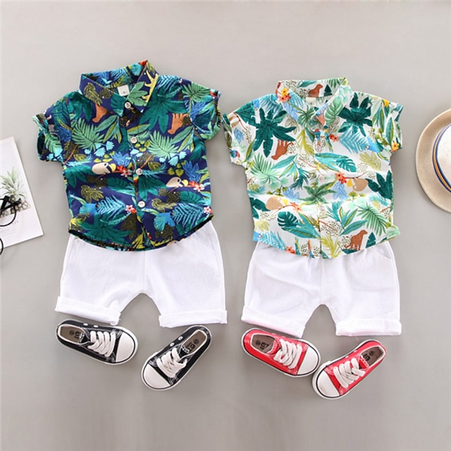  Kid's Boys T-shirt & Shorts 2 Pieces White Navy Blue Flower / Floral Cotton Basic Chic & Modern Casual