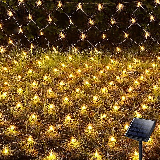  luces de red led solares 8 modos 200 leds 9.8 pies x 6.6 pies malla de envoltura de árbol luces centelleantes de hadas para patio al aire libre césped jardín porche arbustos ventana de camping navidad