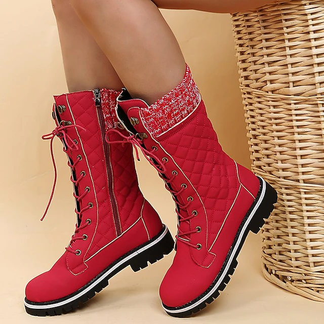 Women's Red Quilted Mid - Calf Combat Boots, Knit Cuff & Lace - Up with Side Zipper, Stylish Winter Staple for All - Day Comfort 13