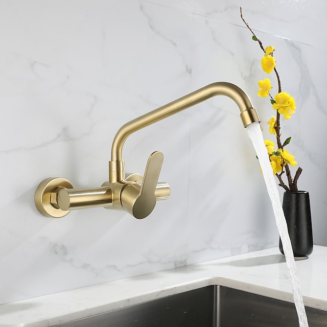  Kitchen faucet - Single Handle Two Holes Brushed Gold Pot Filler Wall Mounted Contemporary Kitchen Taps