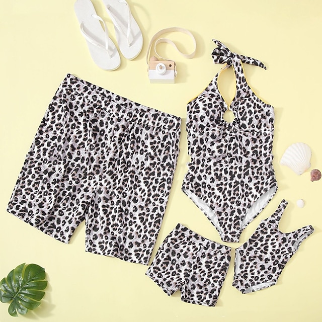  Family Look Swimsuit Leopard Print Gray Sleeveless Vacation Matching Outfits / Summer