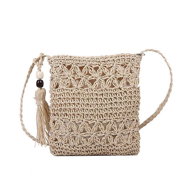 Women's Straw Bag Straw Daily Going out Tassel Zipper Solid Colored ...