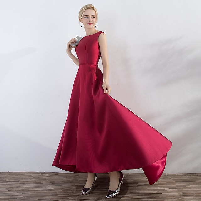  Rochie de seară în stil A-Line Rochie roșie și verde Rochie de nuntă pentru invitați Rochie de petrecere Asimetrică Fără mâneci Guler din piatra prețioasă Satin cu aspect elegant pentru a impresiona