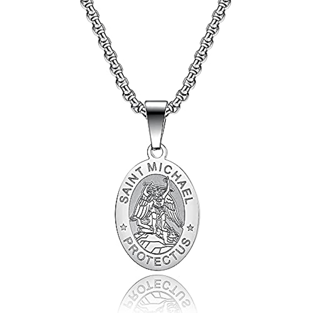  oval stainless steel saint christopher/michael medal necklace for men women, silver gold black pendant necklace simple jewelry gifts (silver saint michael (silver))