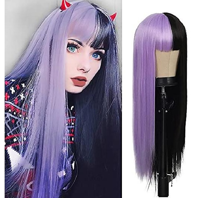  Moitié violet moitié noir longue droite perruque lolita cosplay frange cheveux perruque synthétique naturelle pour femme fille (moitié violet moitié noir) perruque halloween