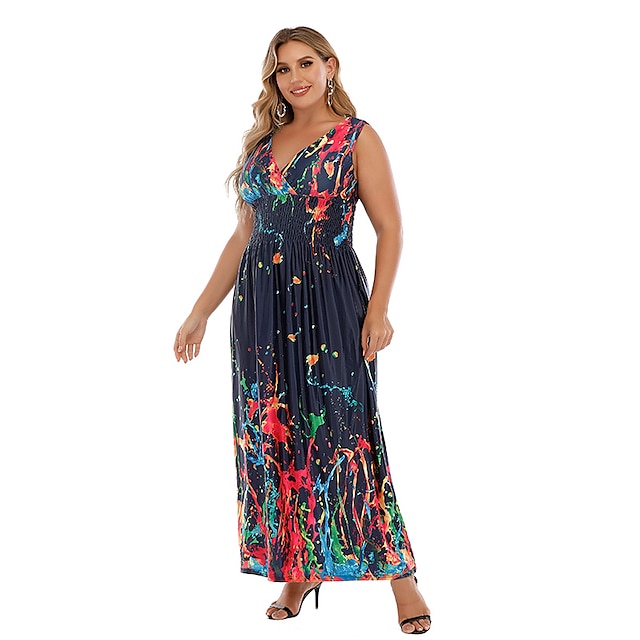 Womens Clothing Plus Size Collection | Womens Plus Size A Line Dress Print V Neck Print Sleeveless Summer Sexy Boho Midi Dress H