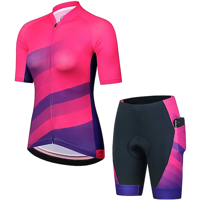  21Grams® Women's Short Sleeve Cycling Jersey with Shorts Summer Spandex Polyester Rose Red Stripes Bike Clothing Suit 3D Pad Breathable Quick Dry Moisture Wicking Back Pocket Sports Stripes Mountain