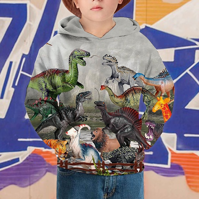 Baby & Kids Boys Clothing | Kids Boys Hoodie Long Sleeve Dinosaur Light gray Children Tops Fall Active Regular Fit 4-12 Years - 