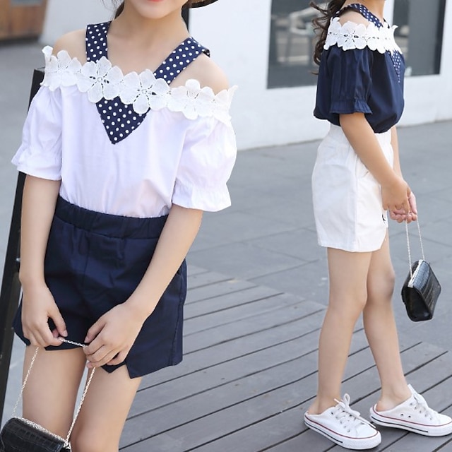 Baby & Kids Girls Clothing | Kids Girls T-shirt & Shorts 2 Pieces Short Sleeve Navy Sleeveless striped skirt White Flower / Flor