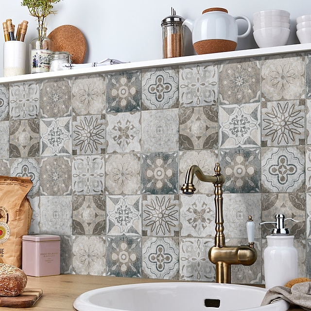  24st kreativa kök badrum vardagsrum självhäftande väggklistermärken vattentäta grå retro kakel klistermärken